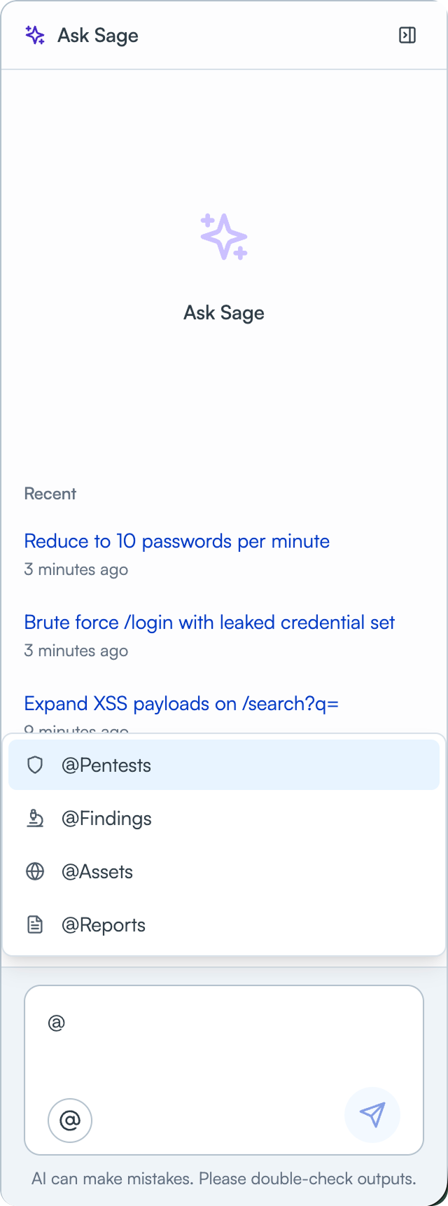 Ask Sage chat panel with an @ menu listing Pentests, Findings, Assets and Reports